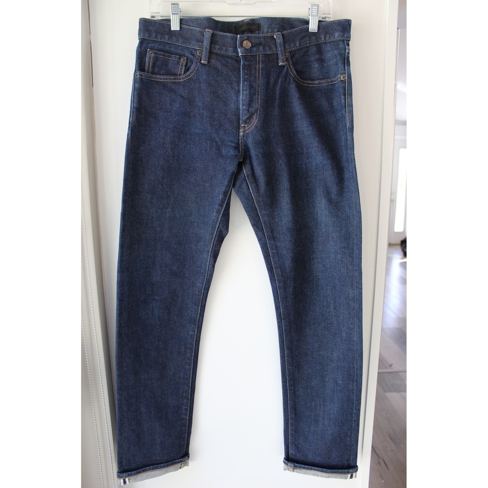 Uniqlo Selvedge Jeans Mens 32 Dark Indigo Slim Straight Red Line Denim - Picture 2 of 14